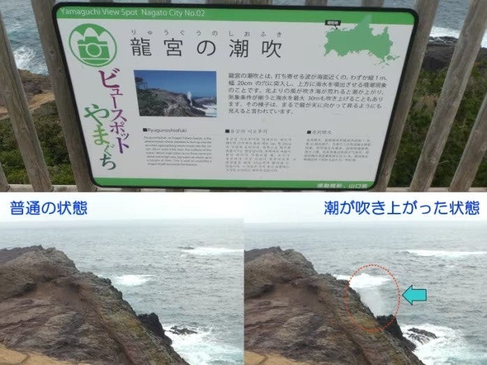 龍宮の潮吹。小規模でしたが、潮が吹く様子を見ることができました(2018年2月撮影)