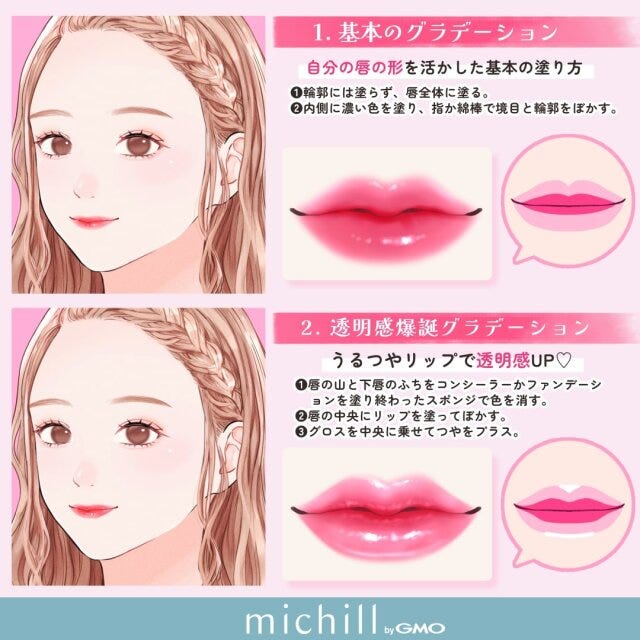 垢抜けリップメイク　2023年っぽ　トレンド　8選　Pyom　イラスト　基本のグラデーション　透明感爆誕グラデーション