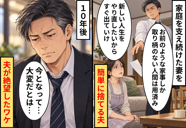 「もう用済み！人生やり直すから出てけ」家庭を支え続けた妻を捨てる夫！10年後⇒妻と再会した夫が【絶望】したワケ
