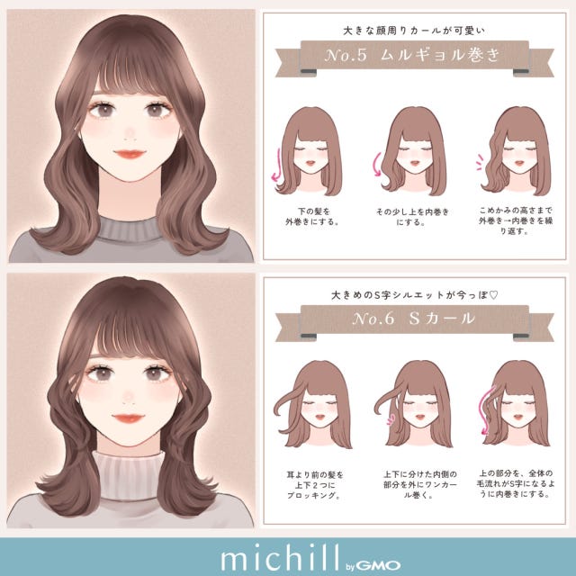 簡単巻き髪　初心者OK　時短　可愛い　8style　Pyom　イラスト　ムルギョル巻き　Sカール