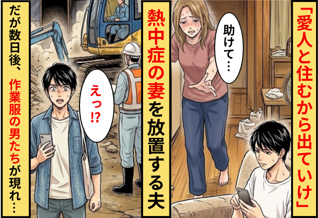 「愛人と住むから出ていけ」熱中症の妻を追いだす夫！だが数日後⇒作業服の男たちが現れ…夫「えっ」