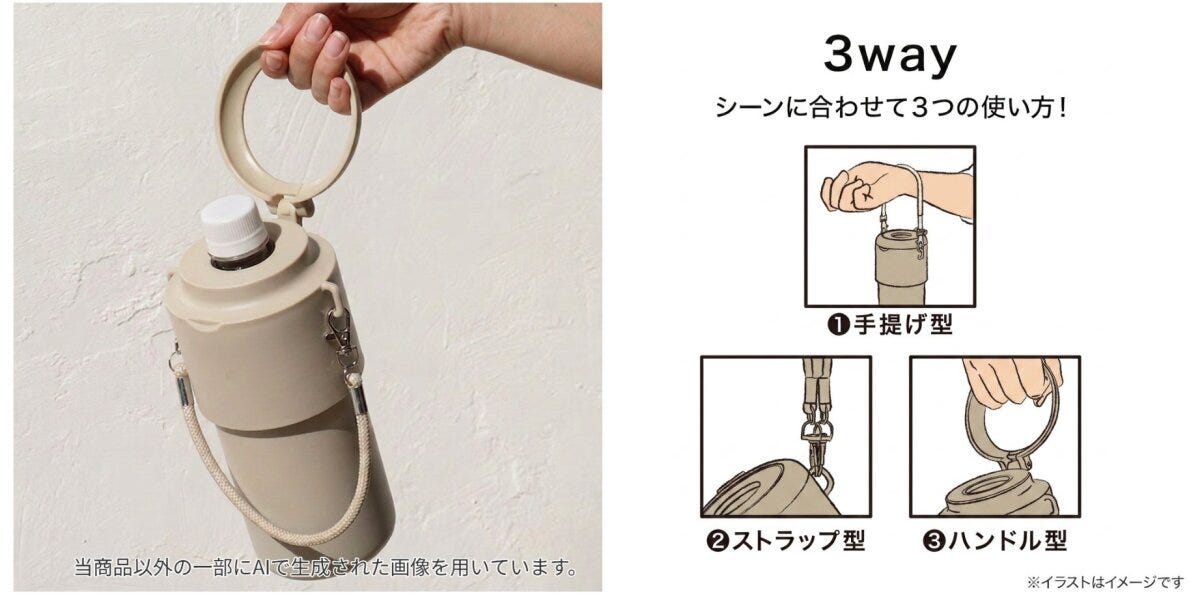 ベージュのボトルホルダーを持つ手と3WAYの持ち方イラスト ベージュのボトルホルダーを持つ手と3WAYの持ち方イラスト