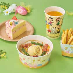 スヌーピー・イースターケーキ ~カスタード&ストロベリー~、エッグ・ベネディクト風 カルボナーラ・スパゲティセット/画像提供:ユニバーサル・スタジオ・ジャパン