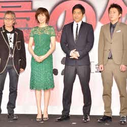 映画「藁の楯(わらのたて)」の完成報告記者会見(左より:三池崇史監督、松嶋菜々子、大沢たかお、藤原竜也)