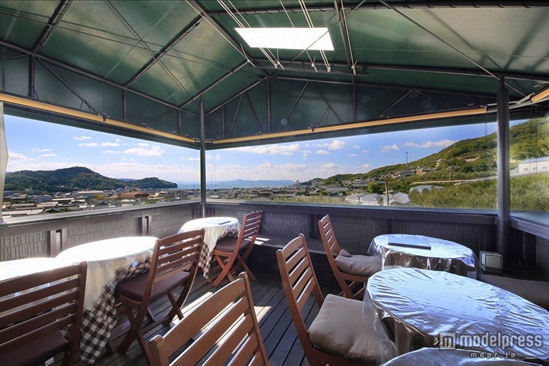 見晴らしの良いテラス席からは住宅街と海が見渡せる