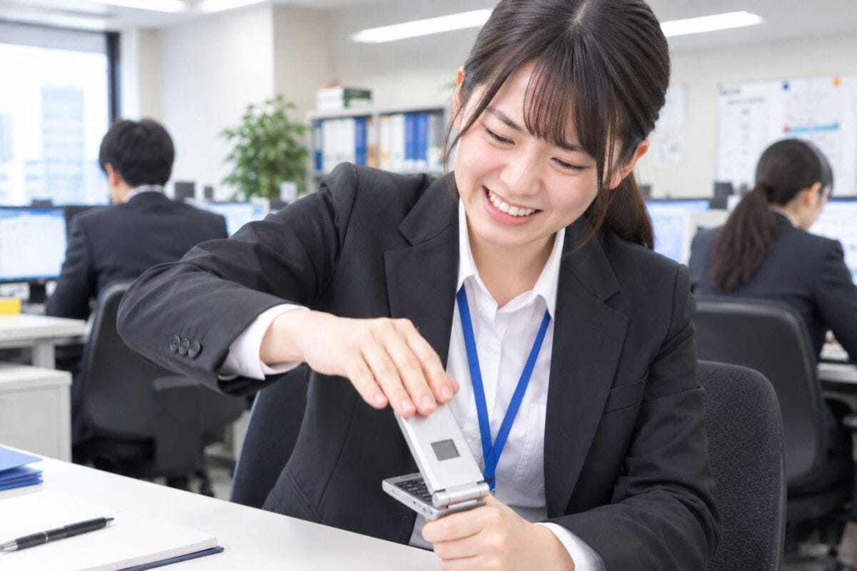 ガラケーを閉じる若手社員