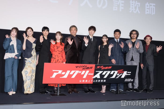 (左から)鈴木聖奈、真矢ミキ、上川周作、川栄李奈、内野聖陽、岡田将生、森川葵、後藤剛範、小澤征悦、上田慎一郎監督(C)モデルプレス