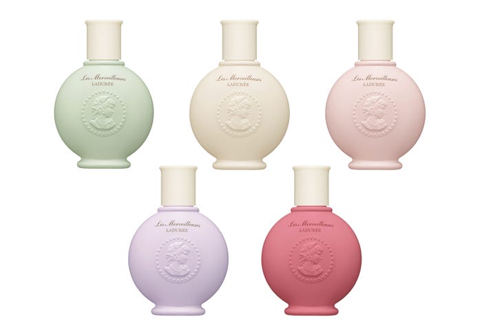 (左から)「ラベンダー ボディ ローション」、「テ ボディ ローション」、「ローズ ボディ ローション」、「ヴァイオレット ボディ ローション」、「ブラックベリー ボディ ローション」/画像提供:レ・メルヴェイユーズ ラデュレ