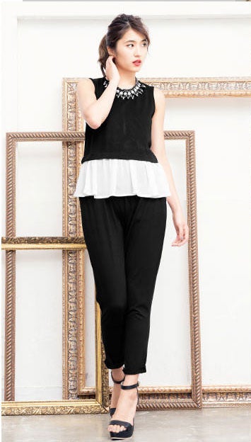 裾シフォンフリル異素材切替バイカラーオールインワン「神戸レタス」2990円（税込）